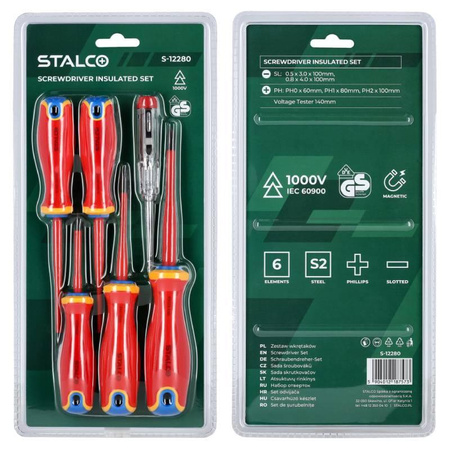 Wkrętaki elektrotechniczne 6 elementów (5 x STAL S2 + tester 1000V) S-12280 STALCO